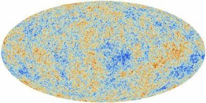 An image of the anisotropies of the Cosmic microwave background (CMB) as observed by Planck is seen
