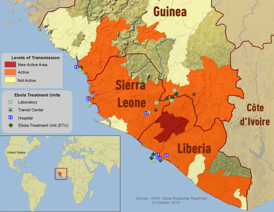 Ebola distribution-map 10 Oct 2014