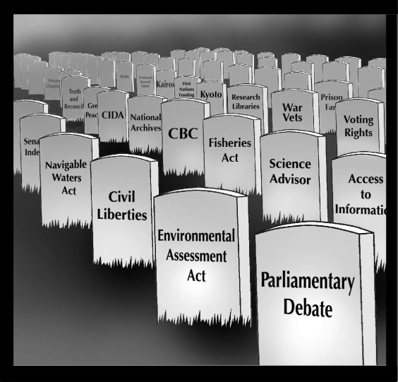 gravestones of policies killed by Harper