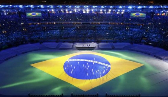 2016 Rio Olympics - Closing ceremony - Maracana - Rio de Janeiro, Brazil - 21/08/2016. The Brazilian flag is seen projected during the closing ceremony. REUTERS/Fabrizio Bensch FOR EDITORIAL USE ONLY. NOT FOR SALE FOR MARKETING OR ADVERTISING CAMPAIGNS.