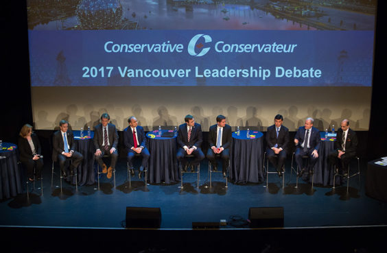 Conservative Party leader candidates, from left, Lisa Raitt, member of parliament (MP), Andrew Saxton, former member of parliament (MP), Chris Alexander, former minister of immigration, Rick Peterson, venture capitalist, Brad Trost, member of parliament (MP), Andrew Scheer, member of parliament (MP), Michael Chong, member of parliament (MP), Erin O'Toole, member of parliament (MP), and Steven Blaney, former minister of public safety, participate in the Conservative Party of Canada leadership debate in Vancouver, British Columbia, Canada, on Sunday, Feb. 19, 2017. (Ben Nelms/Bloomberg via Getty Images)